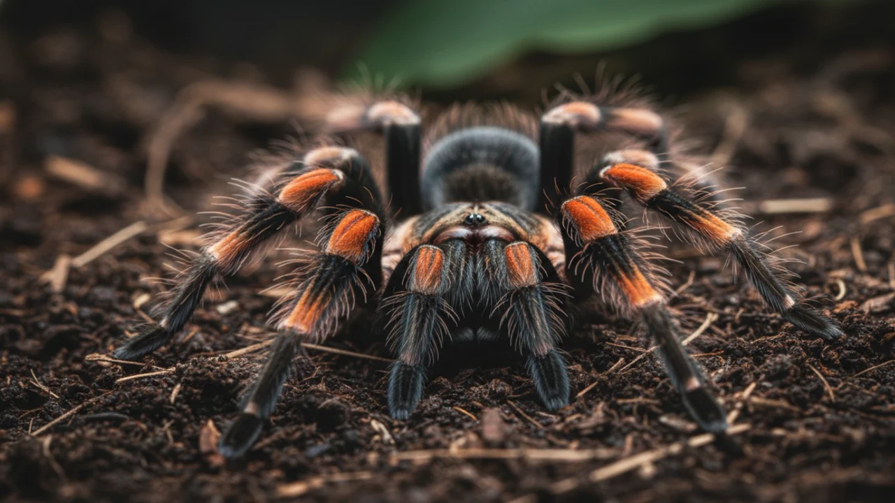 Мексиканский красноколенный паук-птицеед (Brachypelma smithi) в террариуме — популярный вид для новичков