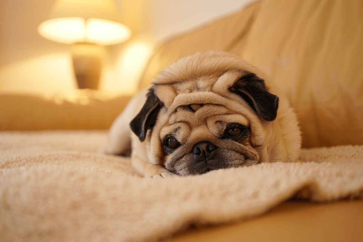 Мопс спит на подушке на диване в уютной комнате