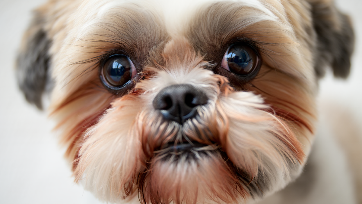 Морда ши-тцу крупным планом: большие глаза и короткий нос брахицефала.