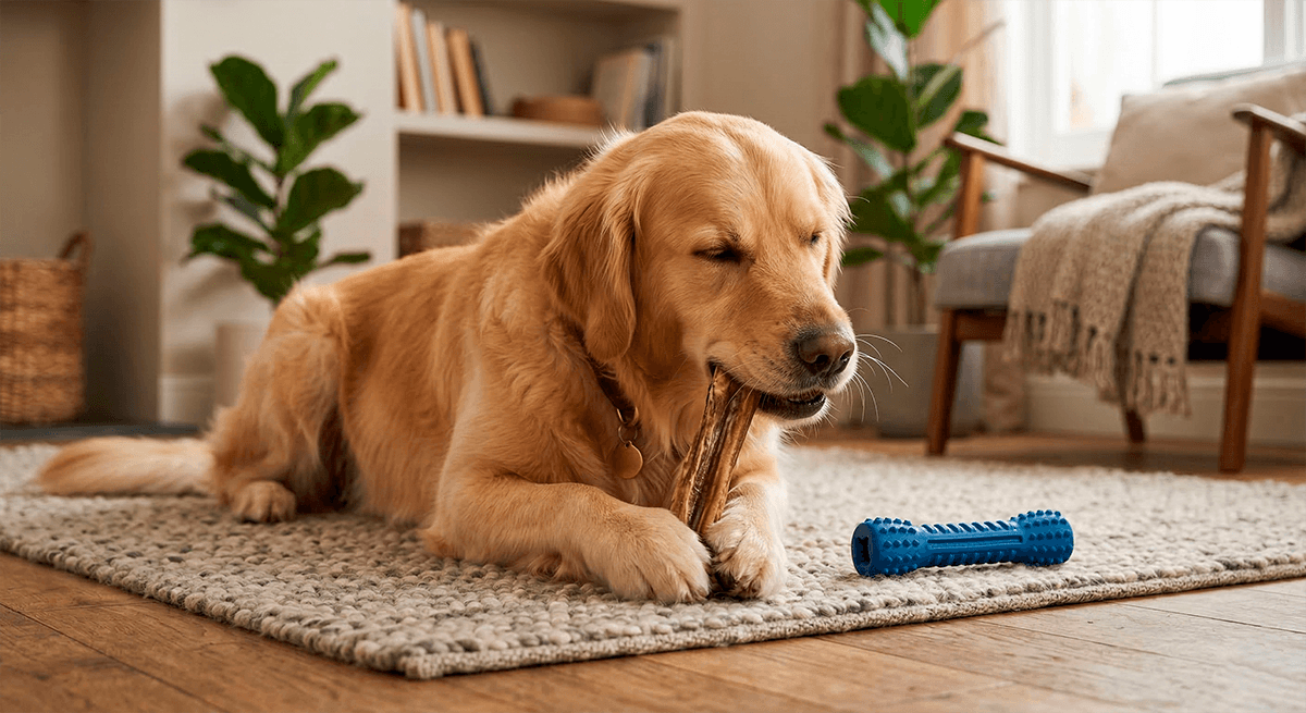 Собака безопасно грызет специальное дентальное лакомство вместо натуральной кости