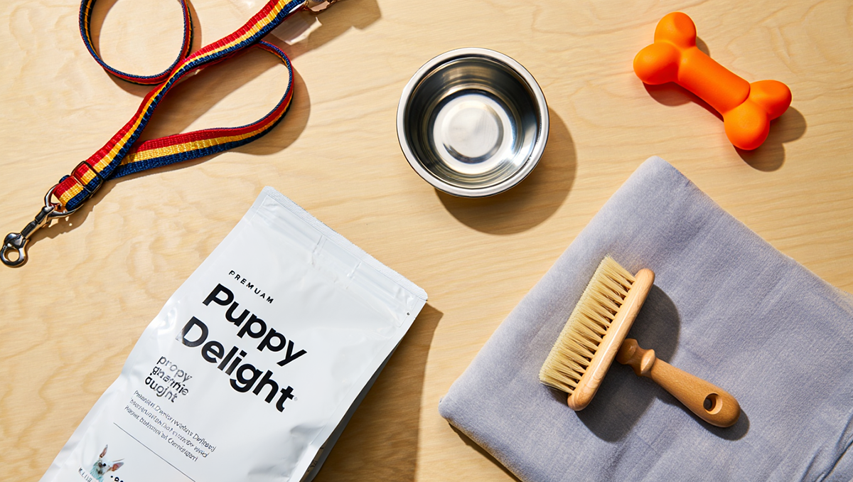 Набор для щенка: миски, корм, ошейник, игрушки и средства ухода.