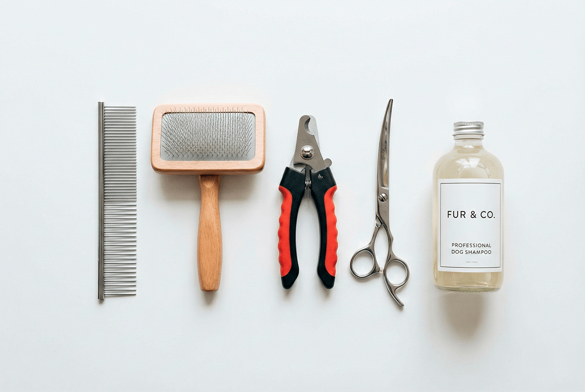 Набор инструментов для груминга собак: ножницы, когтерез, расчески.