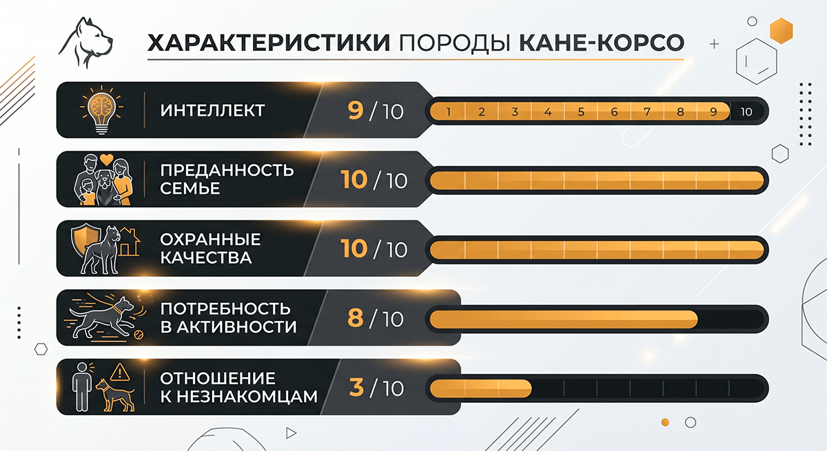 Инфографика: оценка характеристик и темперамента породы кане-корсо по 10-балльной шкале