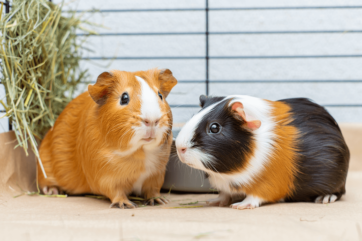 Две морские свинки — трехцветная и рыже-белая — сидят вместе в просторной клетке с сеном