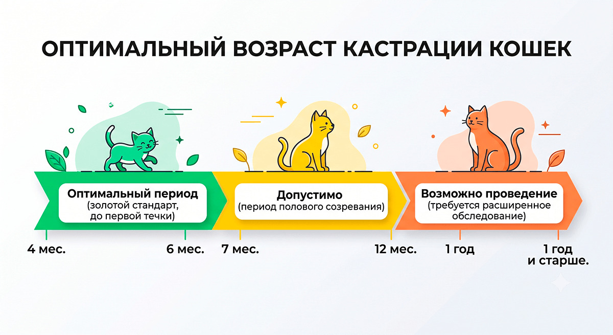 Инфографика оптимальных возрастных периодов для проведения кастрации кошки