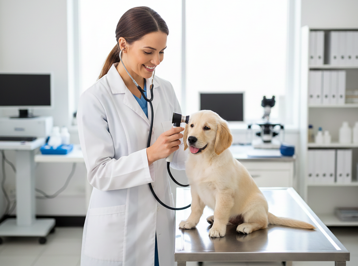 Осмотр щенка ветеринаром в клинике: вакцинация и проверка здоровья.