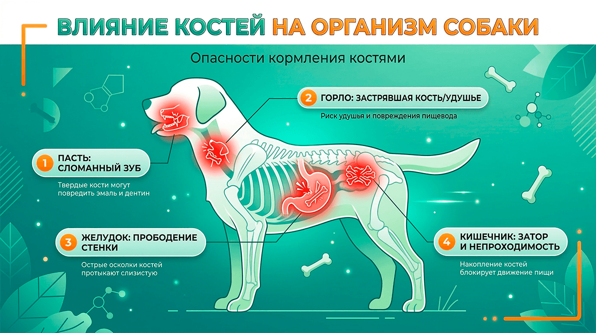 Инфографика основных опасностей от употребления костей: травмы зубов, удушье, перфорация желудка и непроходимость кишечника.