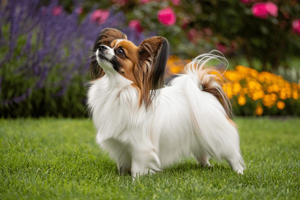 Папильон с большими ушами-бабочками стоит в саду