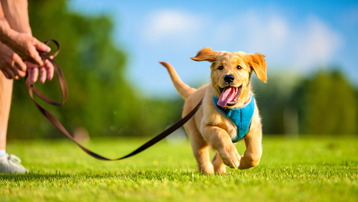 Первая прогулка щенка на шлейке в парке