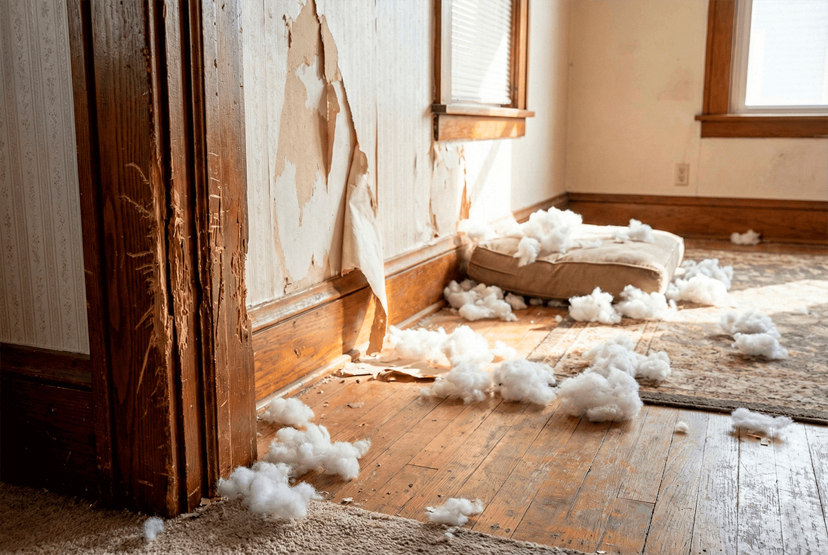 Последствия паники собаки в одиночестве: сгрызенная дверь и разорванный диван.