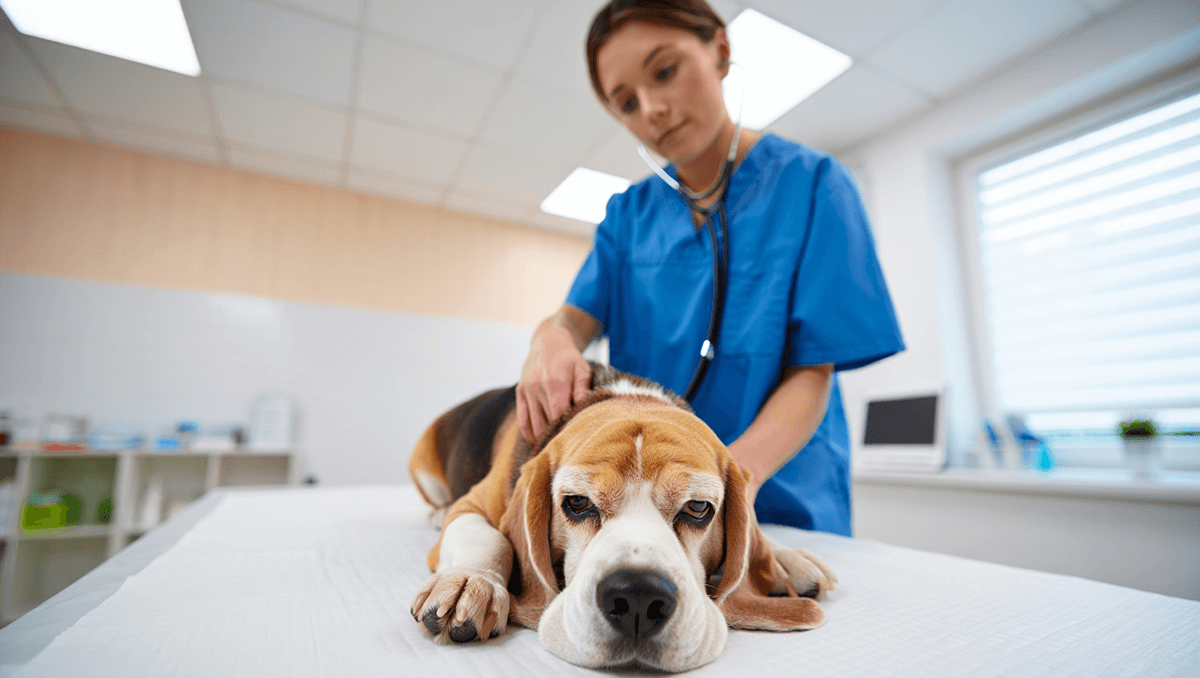 Ветеринар осматривает пожилую собаку во время чек-апа