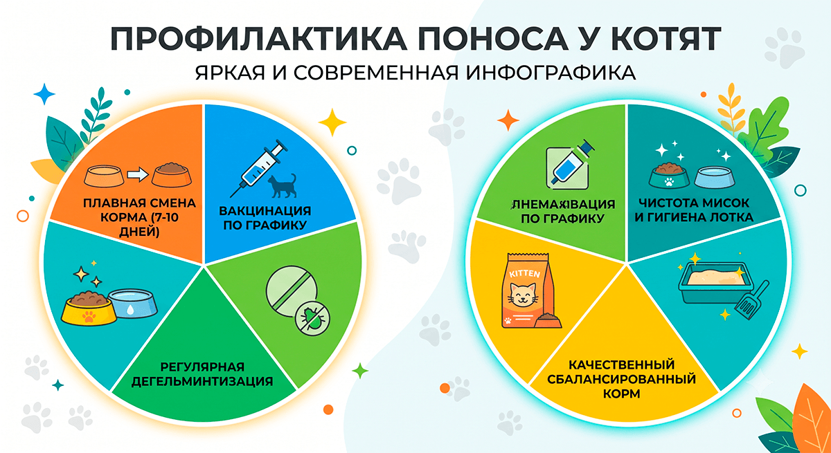 Инфографика пяти главных правил профилактики диареи у котят