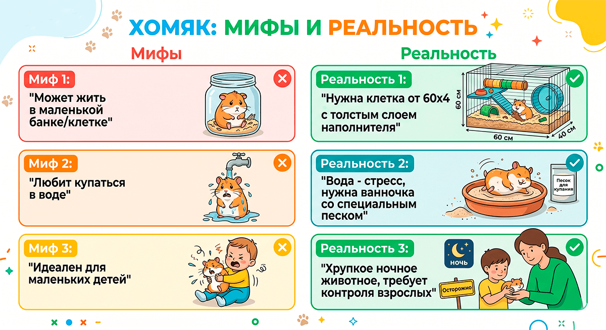Итоговая таблица-инфографика развенчивающая главные мифы о содержании хомяков
