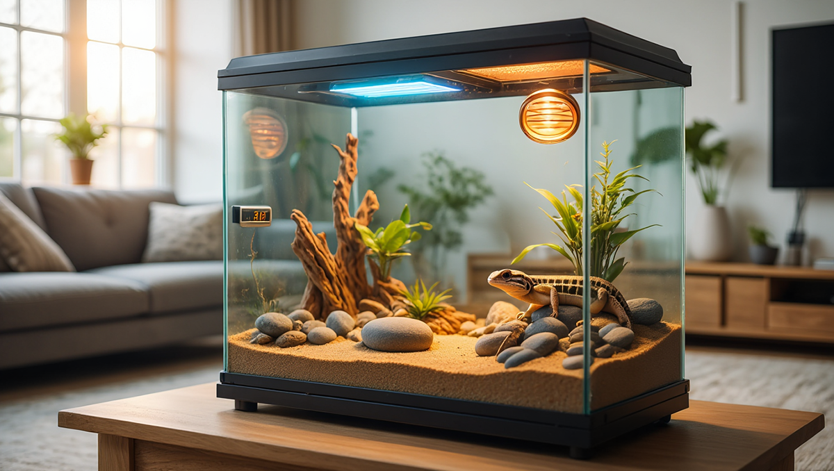 Правильно оборудованный террариум для рептилий с лампами обогрева и УФ