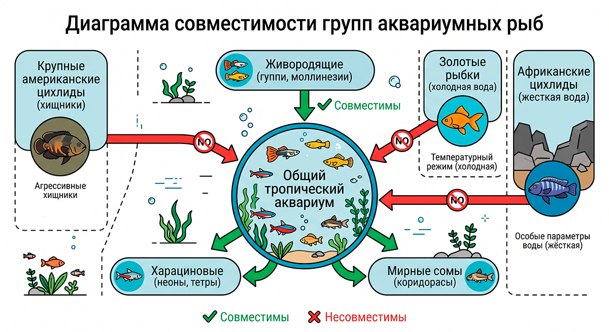Схема совместимости и разделения основных групп аквариумных рыб по условиям содержания