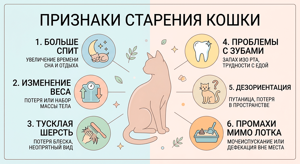 Инфографика: 6 основных поведенческих и физиологических признаков старения кошки