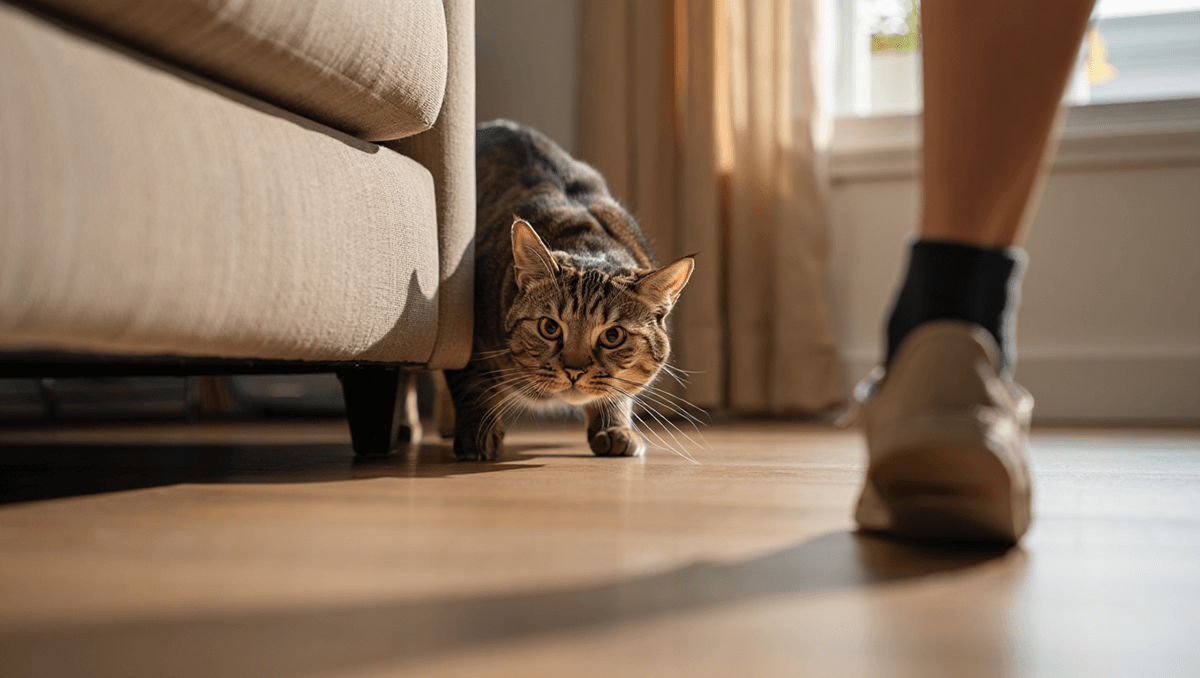 Кошка в охотничьей позе подкарауливает из-за дивана ноги идущего человека.