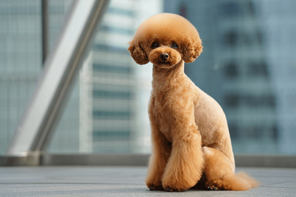 Миниатюрный абрикосовый пудель после профессиональной стрижки