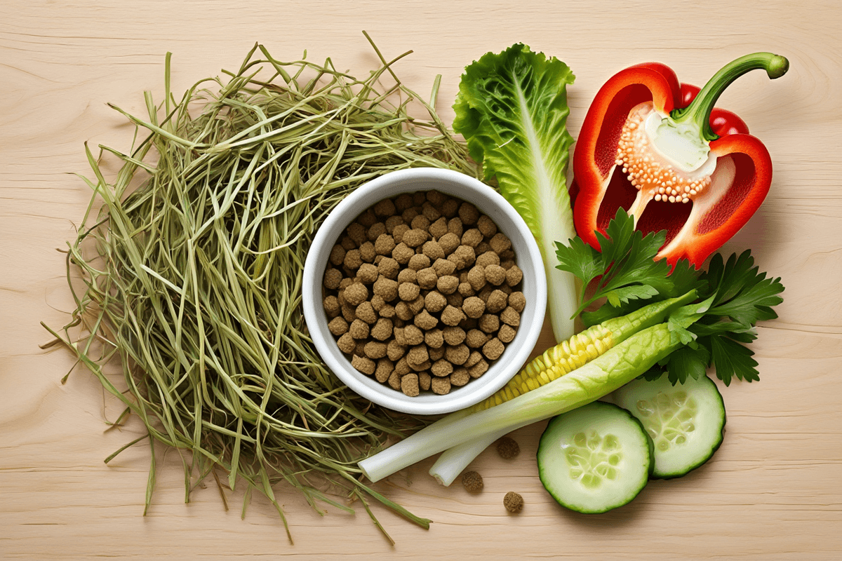  Правильный рацион морской свинки: сено, гранулированный корм и свежие овощи — болгарский перец, салат, петрушка.