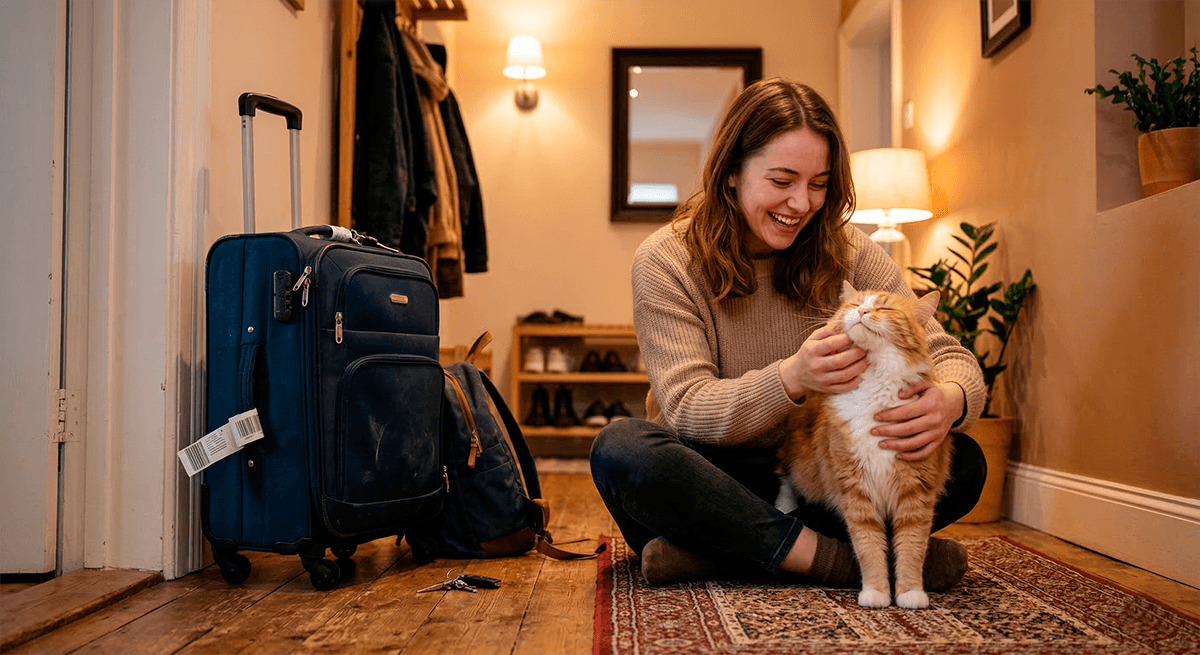 Радостная встреча хозяйки и кошки после возвращения из поездки на выходные