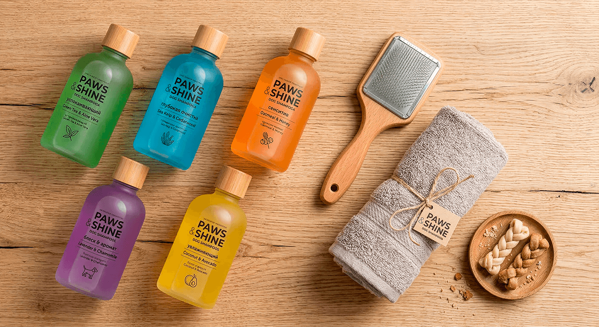 Разнообразные шампуни, щетки и полотенца для ухода за шерстью собаки
