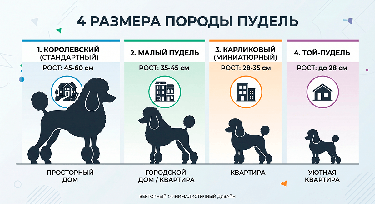 Инфографика разновидностей пуделей по росту: стандартный, малый, карликовый и той-пудель