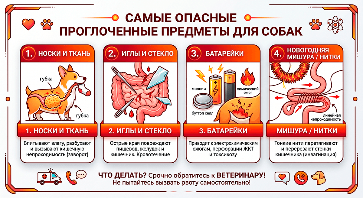 Визуальный рейтинг самых опасных инородных предметов для желудка собаки: батарейки, иглы, носки, мишура
