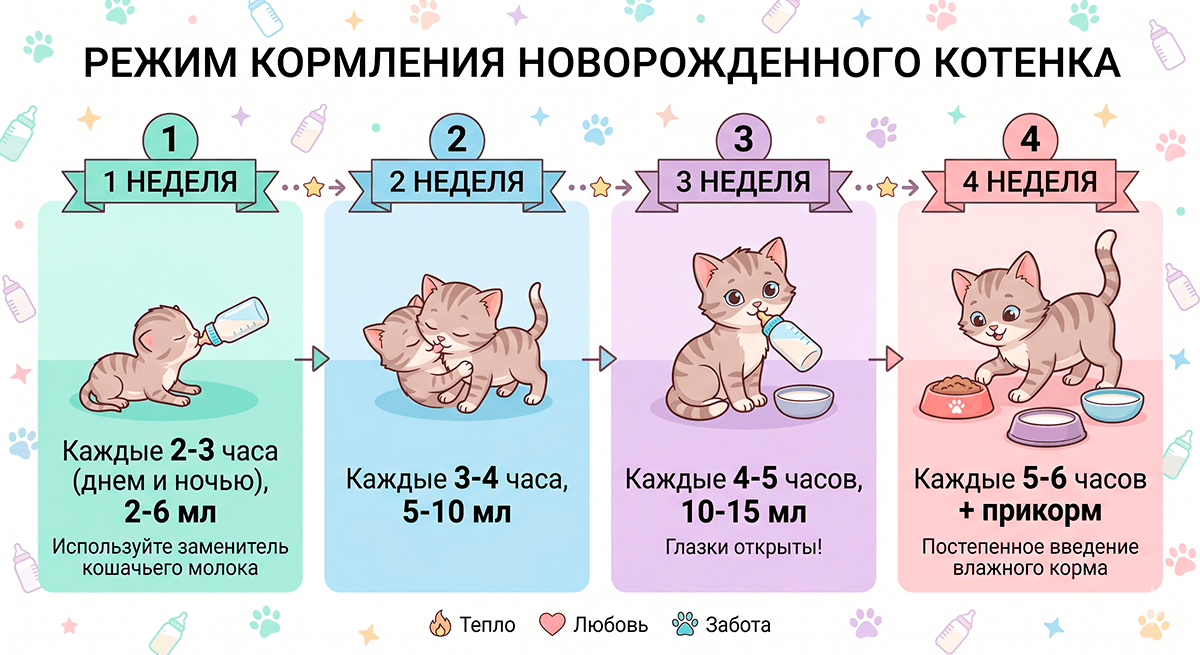 Подробный график и объемы кормления новорожденного котенка по неделям жизни