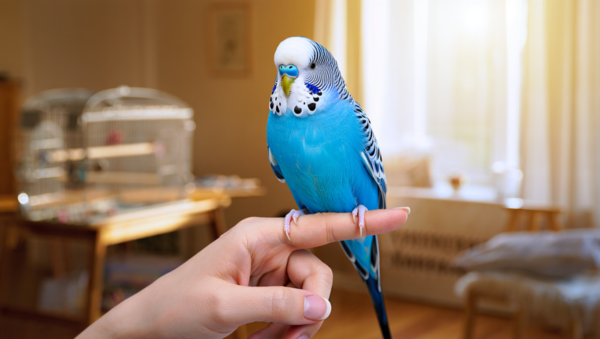 Ручной волнистый попугай на пальце владельца во время прогулки.