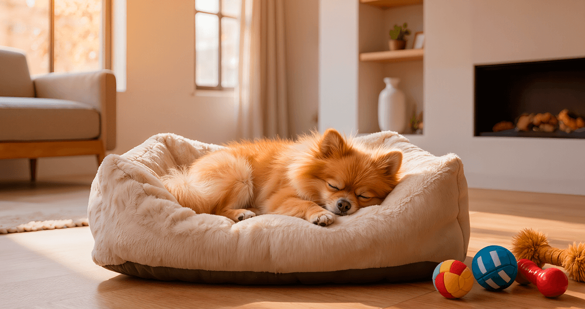 Рыжий померанский шпиц спит в уютной лежанке в современном интерьере