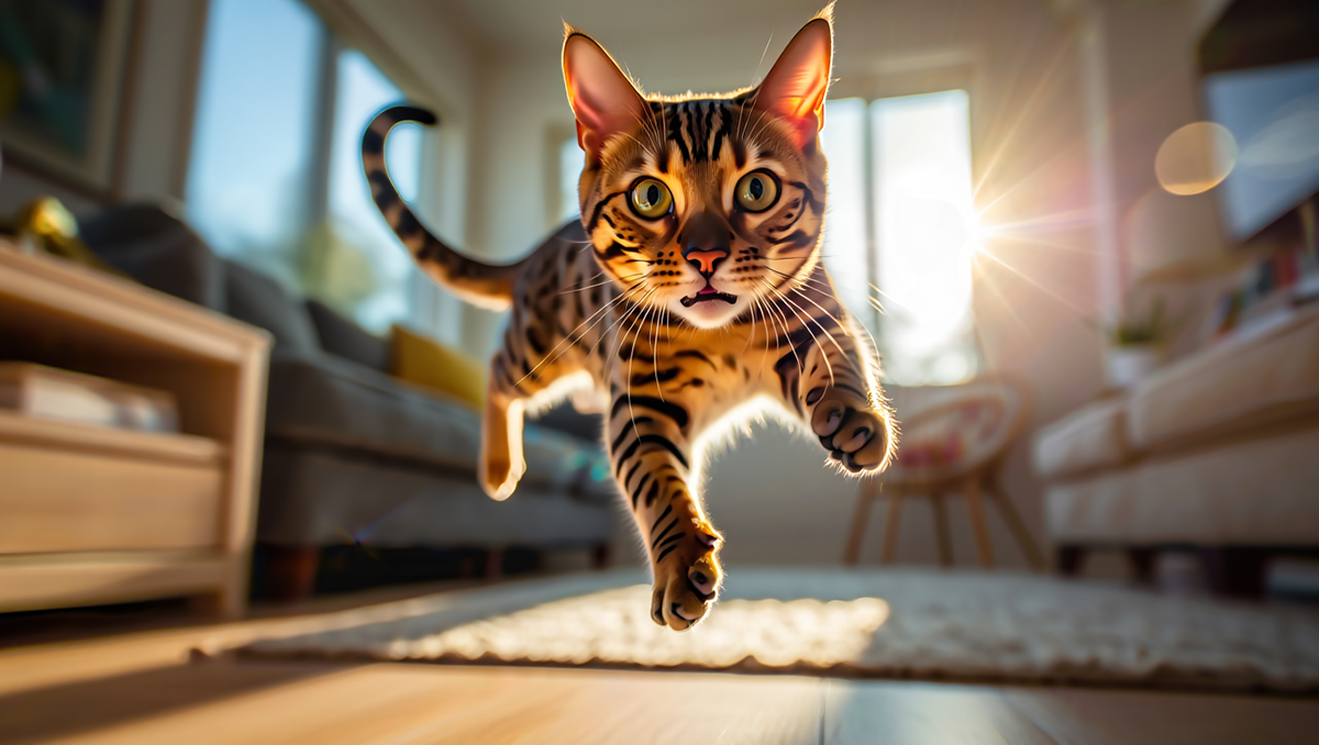 Счастливая активная кошка с блестящей шерстью играет