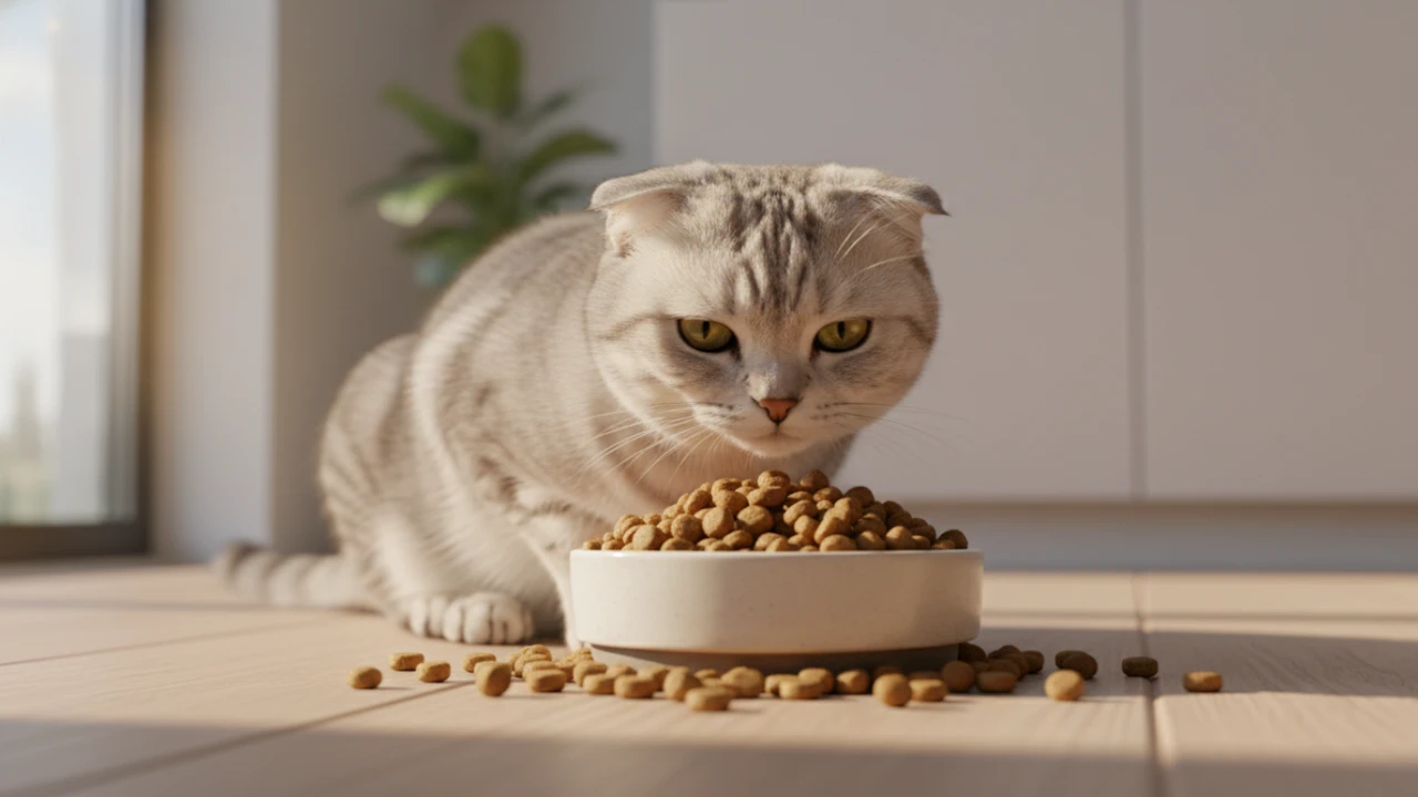 Шотландская прямоухая кошка серебристого окраса ест сухой корм из керамической миски