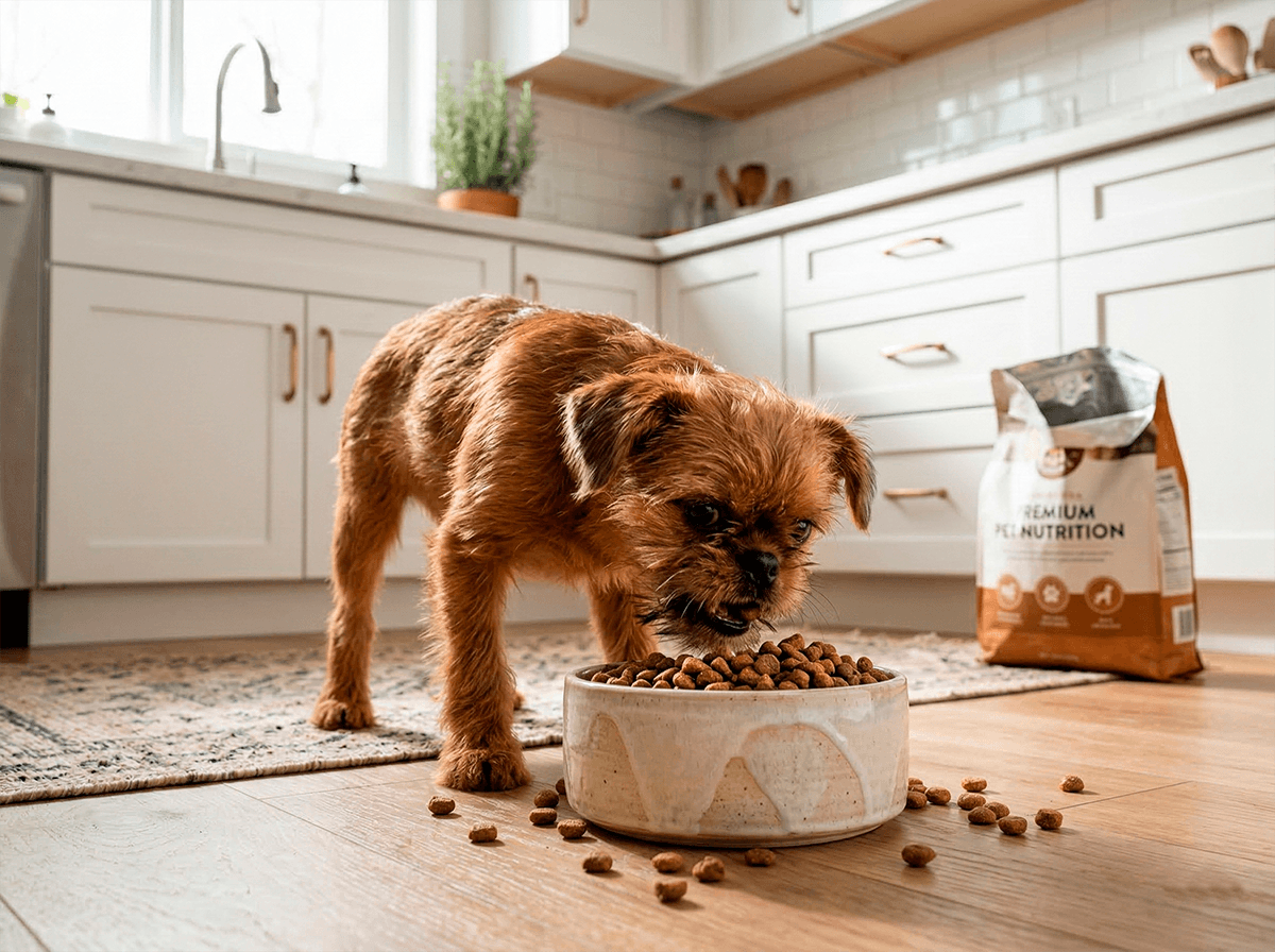 Щенок брюссельского гриффона ест сухой корм супер-премиум класса из миски