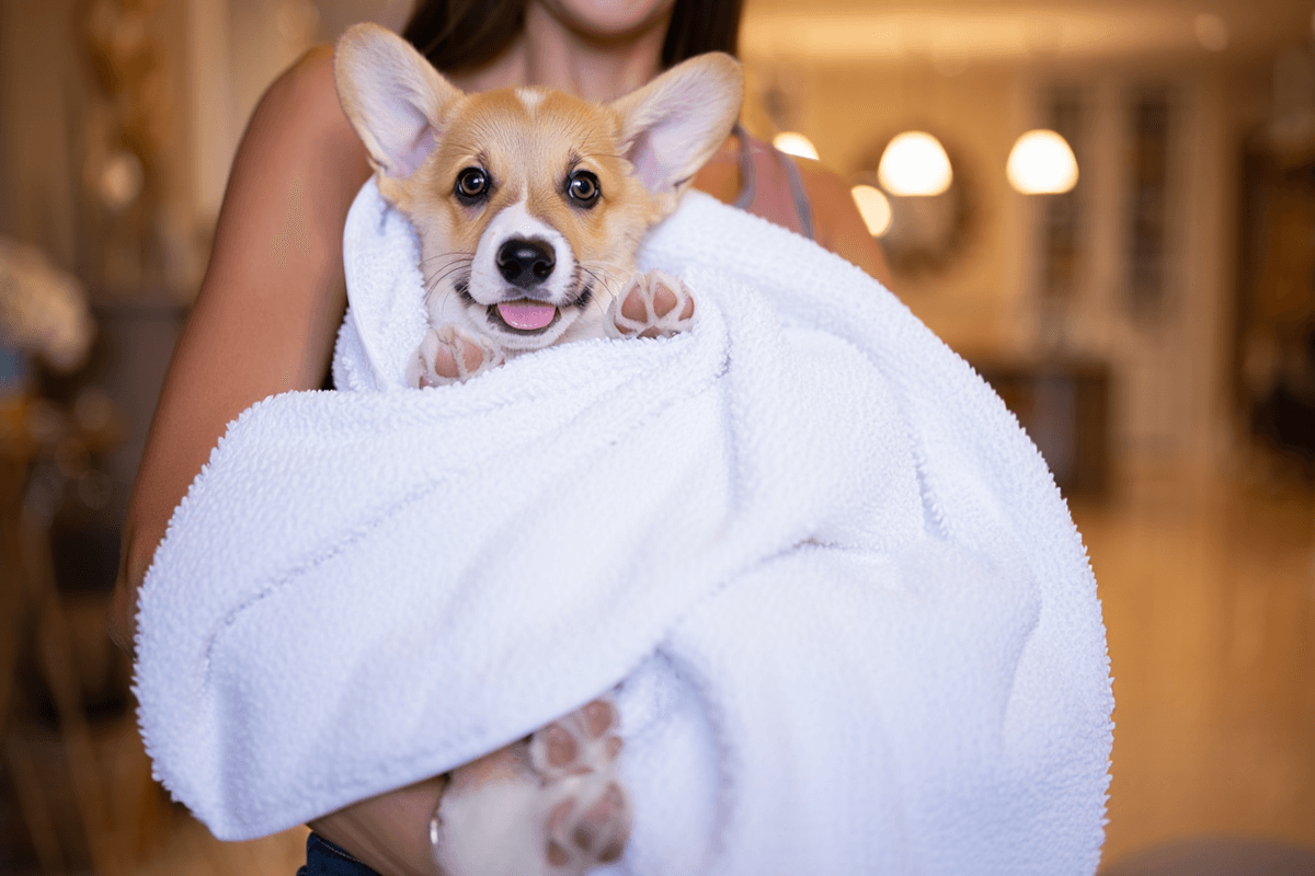 Щенок корги завернут в полотенце после купания на руках у хозяина