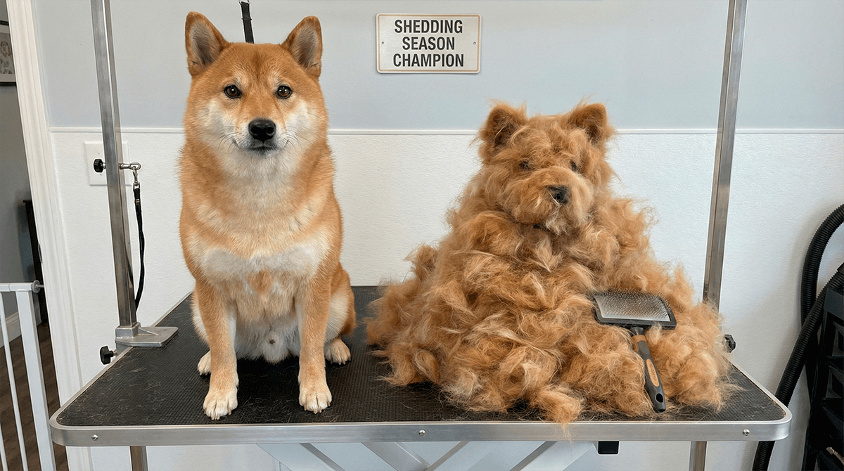 Собака сиба-ину сидит рядом с огромной кучей вычесанной шерсти.