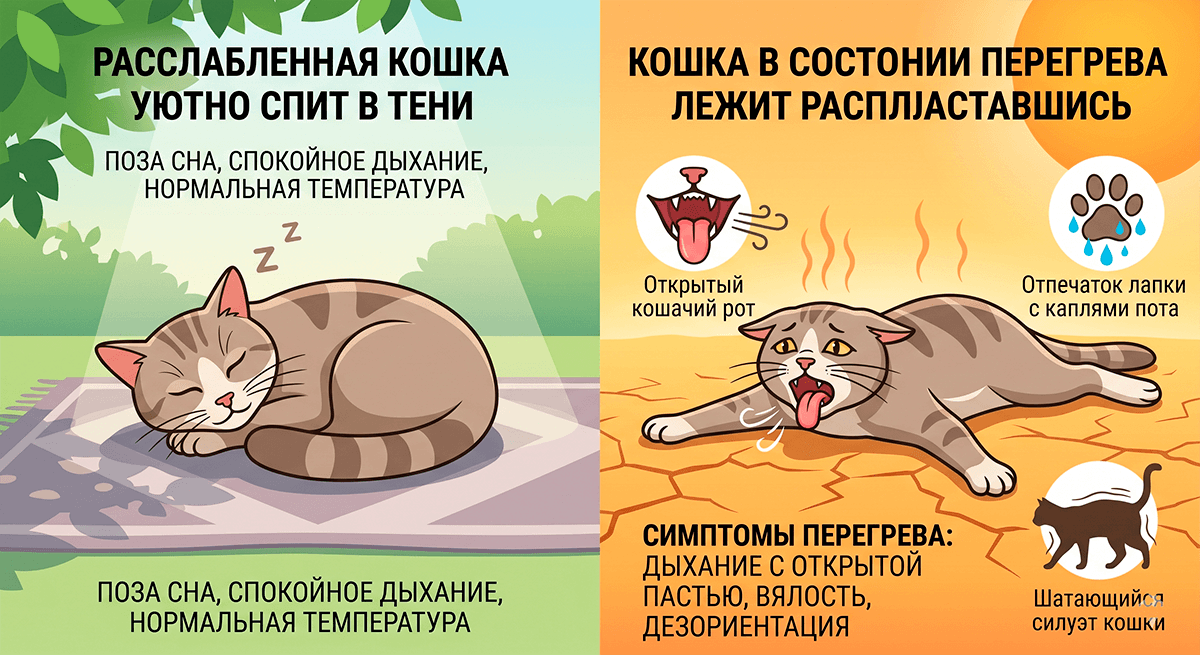Инфографика: признаки теплового удара у кошек, дыхание с открытым ртом