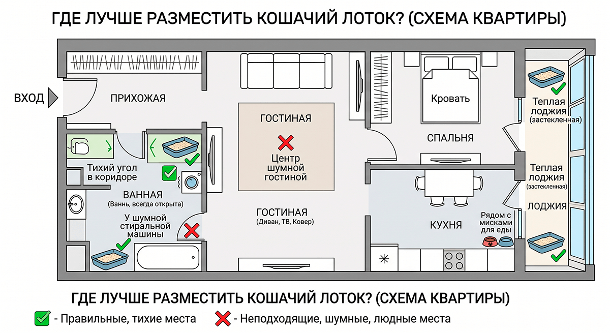 Схема правильного и неправильного размещения кошачьего лотка в квартире