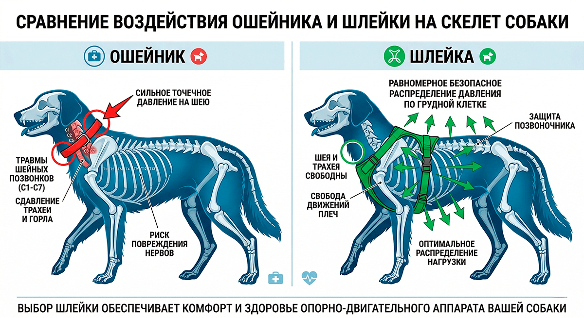 Схема распределения нагрузки: ошейник против шлейки