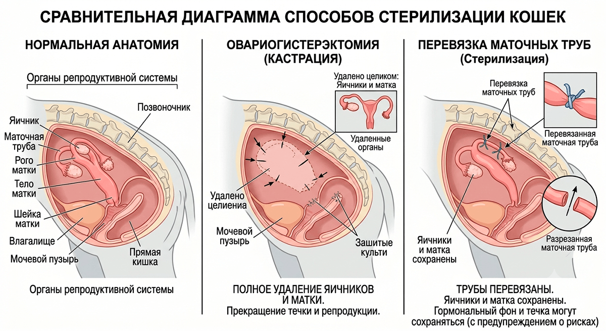 Схема разницы между кастрацией и стерилизацией кошки