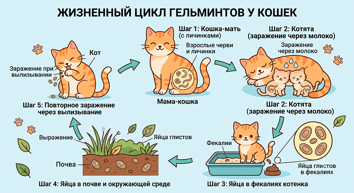 Схема жизненного цикла гельминтов (глистов) и пути заражения котят