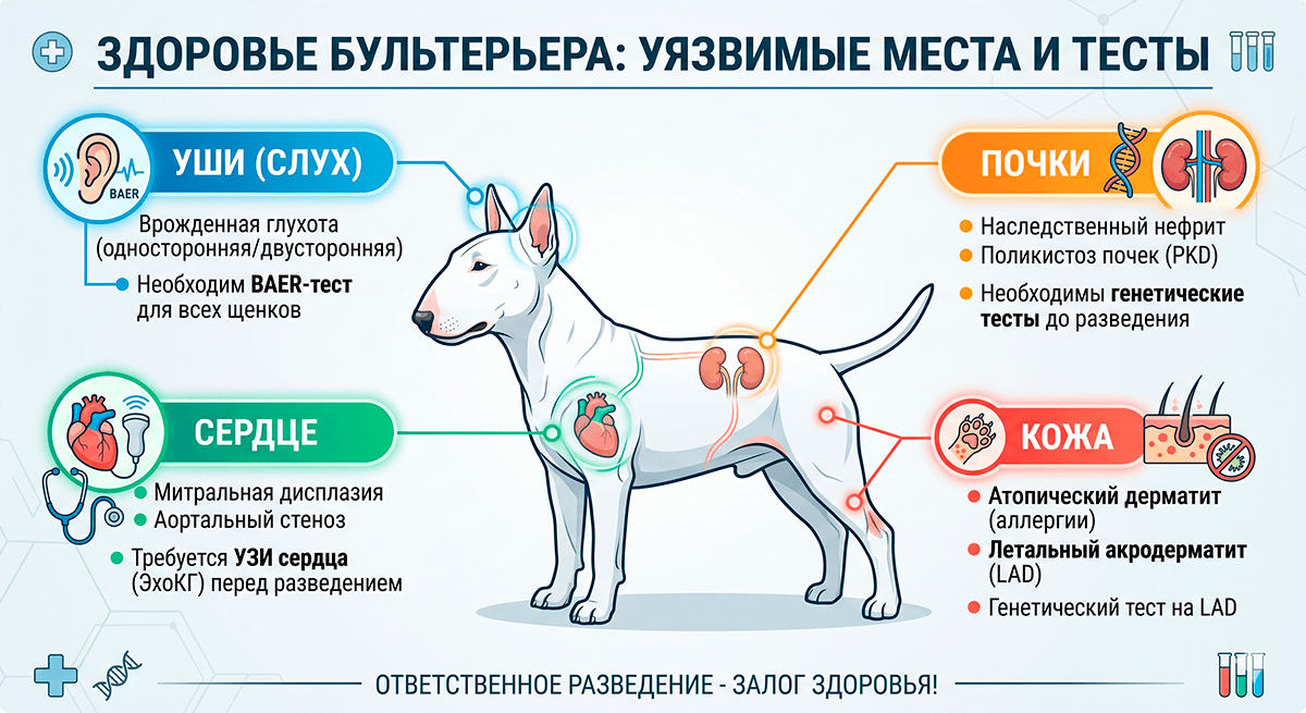 Схема генетических заболеваний и уязвимых мест в здоровье бультерьера