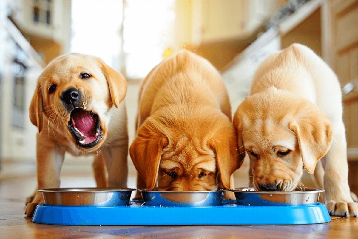 Три щенка лабрадора едят корм из своих мисок
