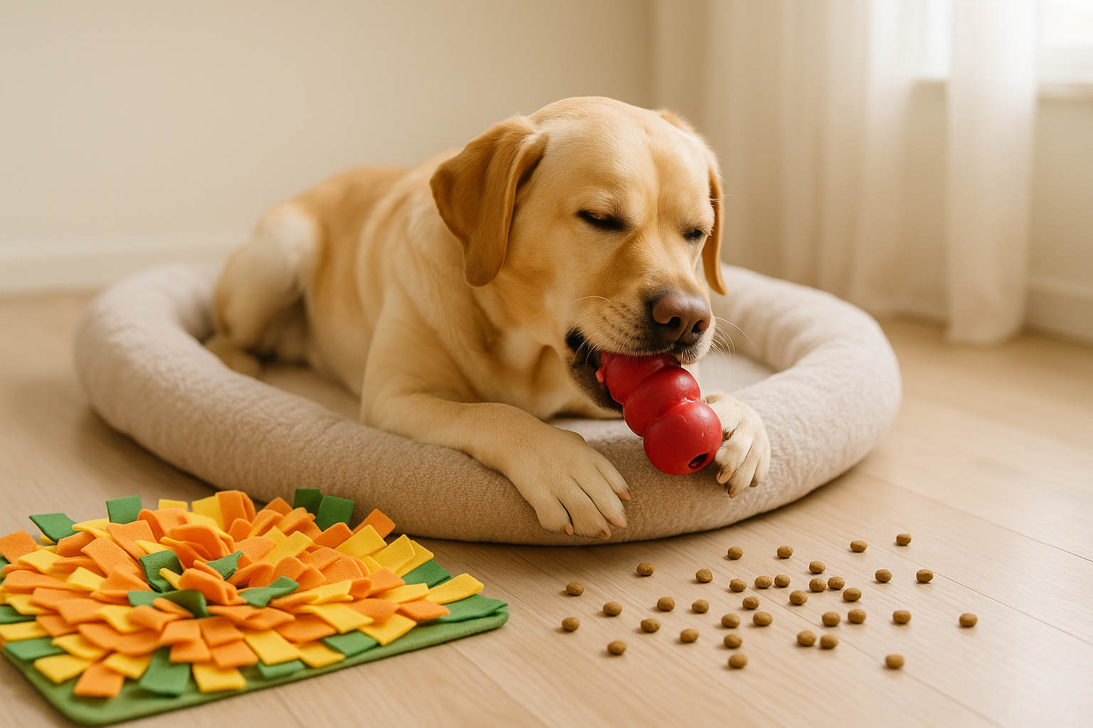 Собака играет с интерактивной игрушкой конг, чтобы не скучать в одиночестве