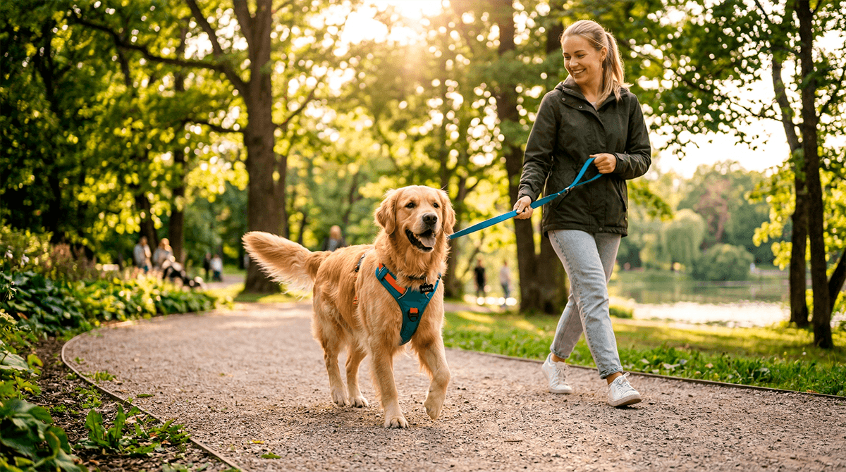 Собака в анатомически правильной шлейке на прогулке с хозяином