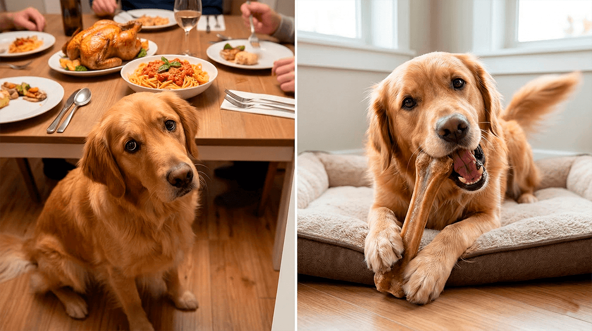  Сравнение: собака выпрашивает опасную еду со стола и собака ест безопасное лакомство