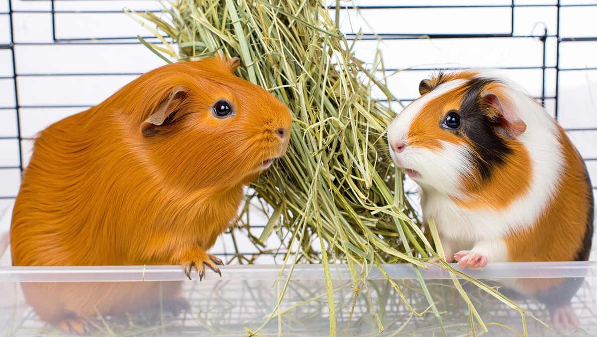 Содержание морских свинок: пара питомцев в просторной клетке ест сено