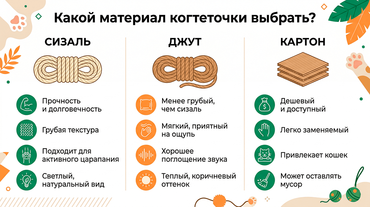 Сравнение материалов для когтеточек: сизаль, джут, картон