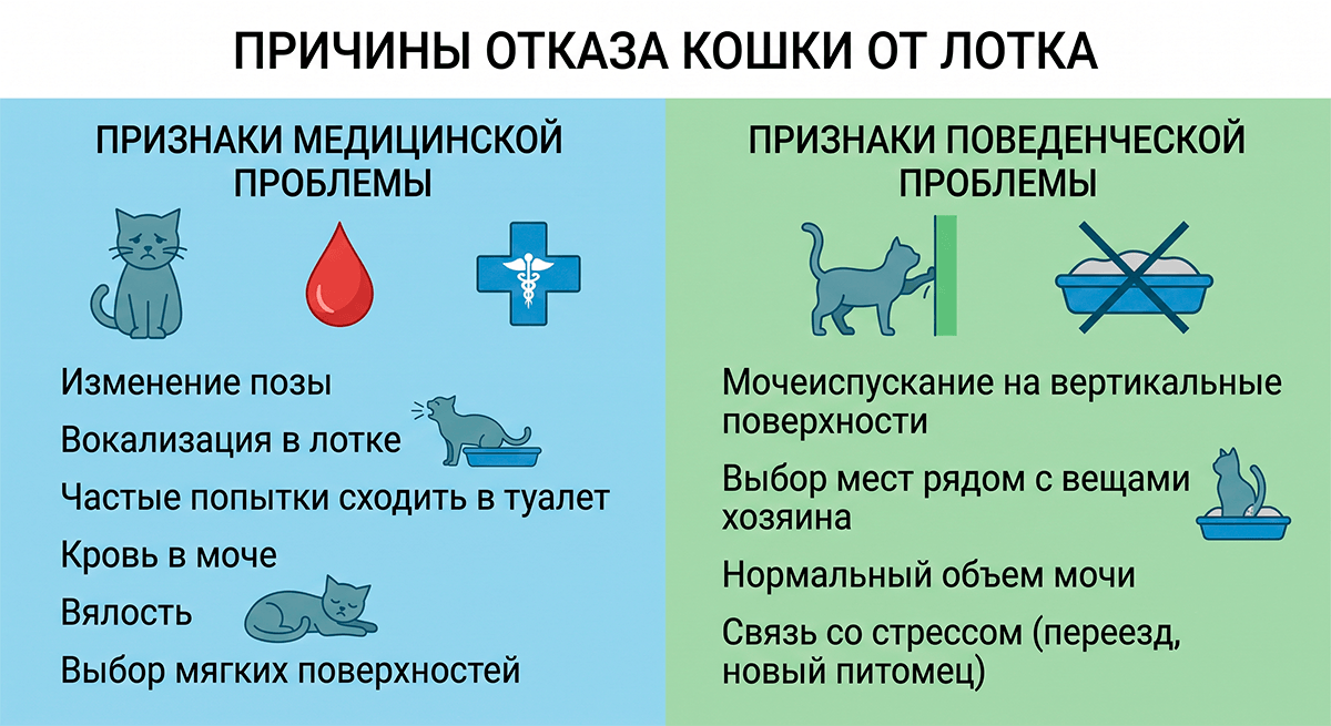 Инфографика сравнения медицинских и поведенческих причин игнорирования лотка у кошек
