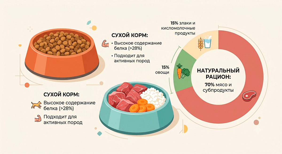 Инфографика сравнения сухого и натурального корма для восточносибирской лайки
