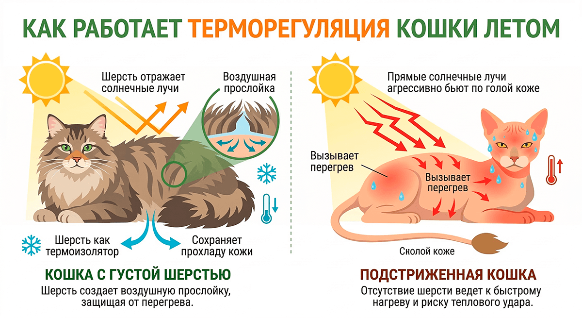 сравнение терморегуляции кошки с естественной шерстью и после стрижки машинкой.
